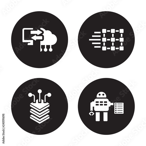 4 vector icon set : Memory transfer, Layers, Match moving, Laws of robotics isolated on black background