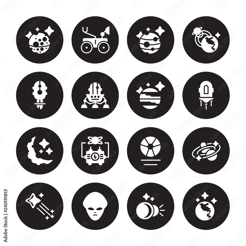 16 vector icon set : Mercury, Eclipse, Extraterrestrial, Falling star, Galaxy, Earth, Liftoff, Half moon, Jupiter isolated on black background 16 vector icon set : Mercury, Eclipse, Extraterrestrial, Falling star, Galaxy, Earth, Liftoff, Half moon, Jupiter isolated on black background