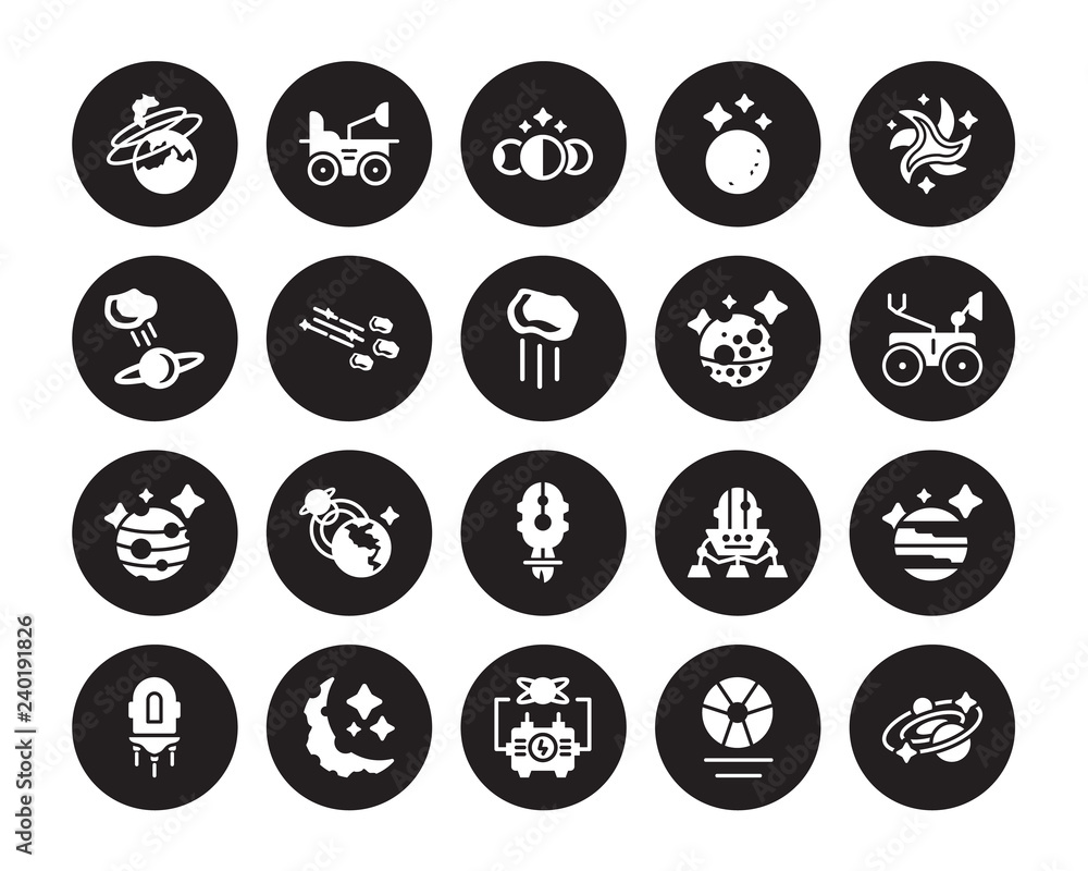 20 vector icon set : Nebula, Gamma ray, Generator, Half moon, Jet pack, Milky way, Mercury, Liftoff, Mars, Meteor shower, Moon phases isolated on black background 20 vector icon set : Nebula, Gamma ray, Generator, Half moon, Jet pack, Milky way, Mercury, Liftoff, Mars, Meteor shower, Moon phases isolated on black background