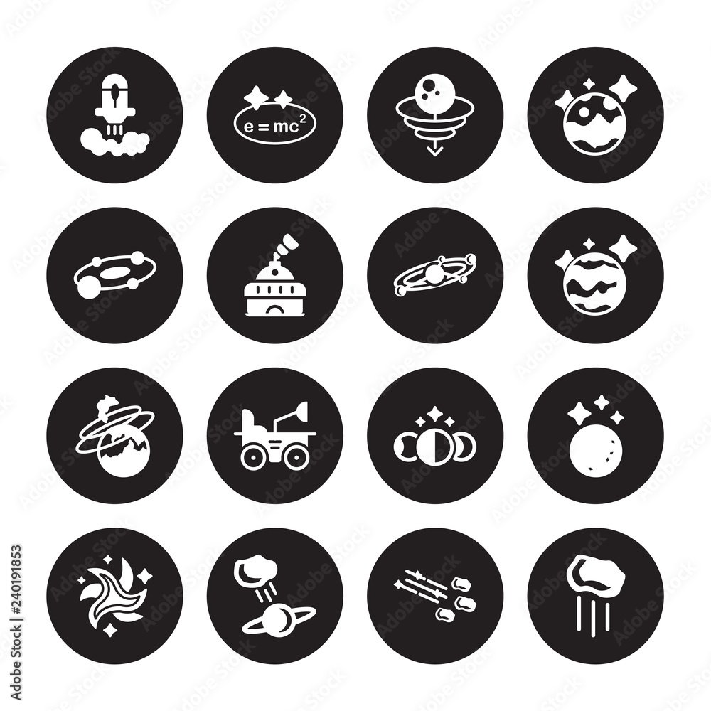 16 vector icon set : Rocket launch, Meteor shower, Meteorite, Milky way, Moon, Meteor, Planets, Nebula, Orbit isolated on black background