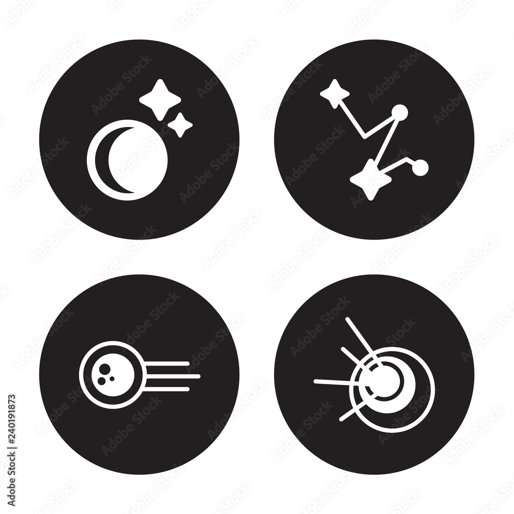 4 vector icon set : Crescent moon, Comet, Constellation, Black hole isolated on black background 4 vector icon set : Crescent moon, Comet, Constellation, Black hole isolated on black background