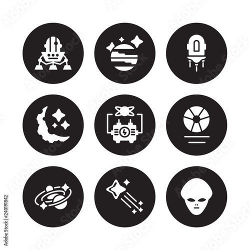 9 vector icon set : Lander, Jupiter, Galaxy, Gamma ray, Generator, Jet pack, Half moon, Falling star isolated on black background