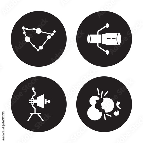 4 vector icon set : Capricorn, Voyager, Hubble space telescope, Big bang isolated on black background