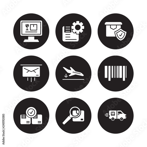 9 vector icon set : Delivery monitor, delivery Settings, Checking, Bar code, Arrival, shield, Express mail, Inspection isolated on black background