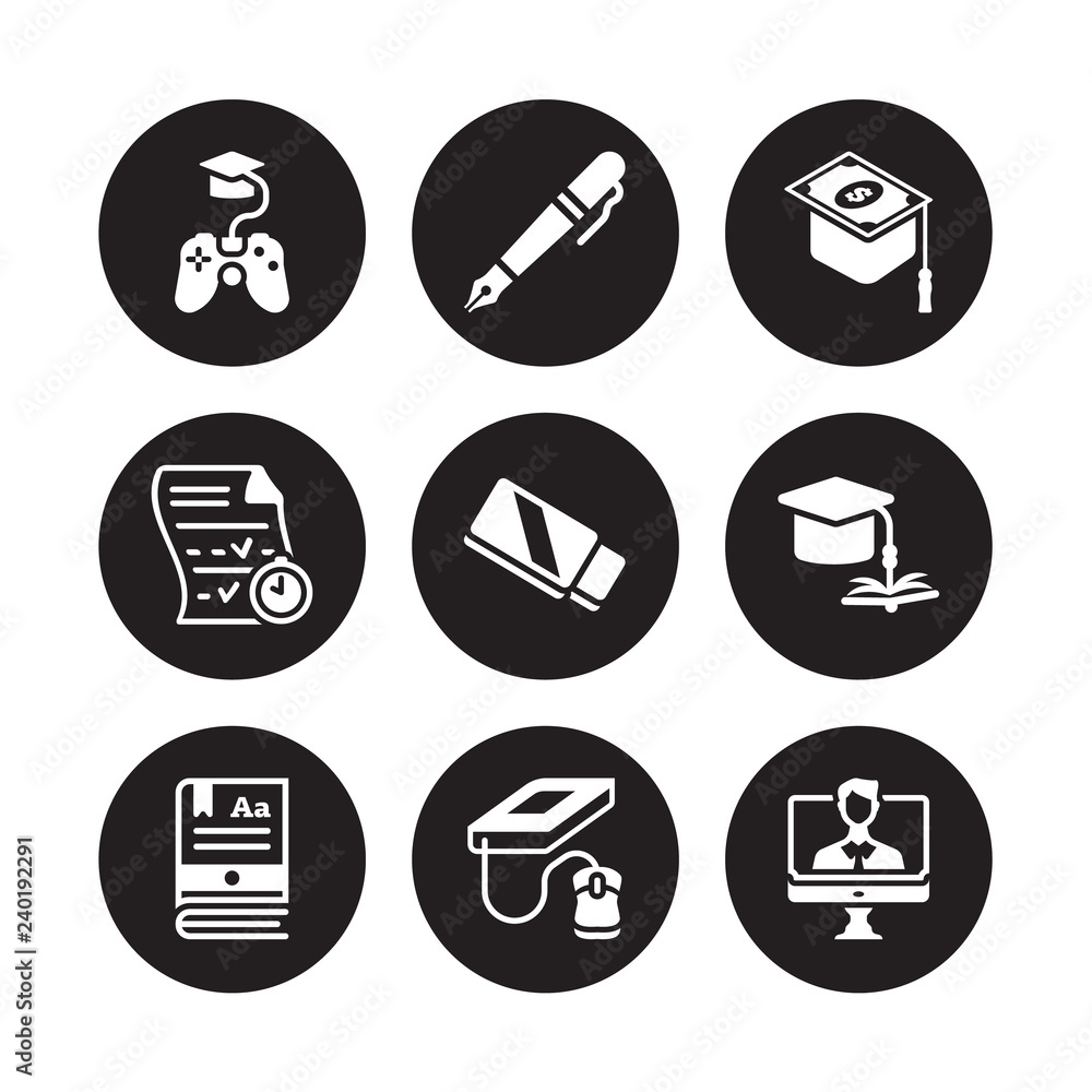 9 vector icon set : game-based learning, Fountain pen, Ebook, Education, Eraser, scholarship, Exam, E learning isolated on black background 9 vector icon set : game-based learning, Fountain pen, Ebook, Education, Eraser, scholarship, Exam, E learning isolated on black background