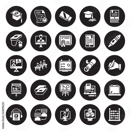 25 vector icon set : scholarship, Abc, Ask, Asynchronous Learning, Audiobook, Crayon, Certificate, Board, business education, E learning, Eraser, Exam isolated on black background.