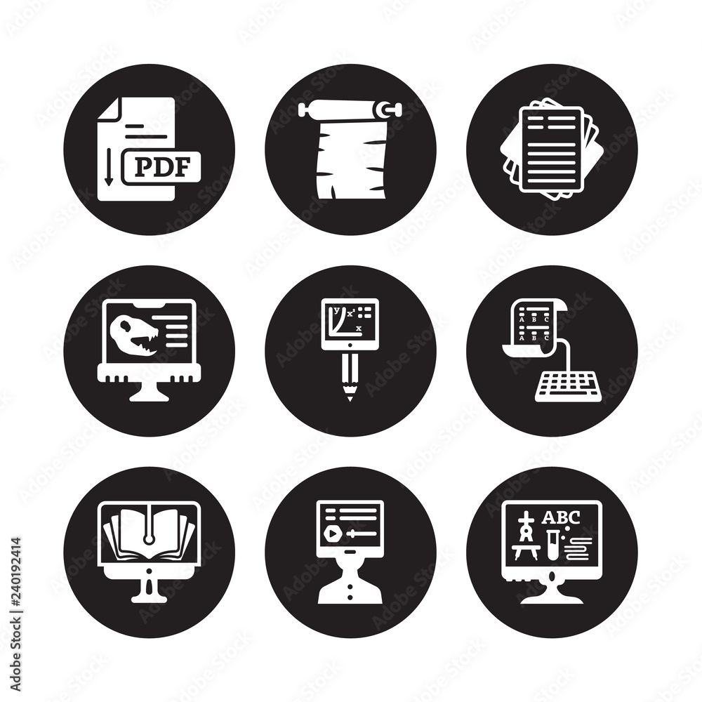 9 vector icon set : Pdf, Parchment, Online library, test, online training, Paper, Paleontology, learning isolated on black background 9 vector icon set : Pdf, Parchment, Online library, test, online training, Paper, Paleontology, learning isolated on black background