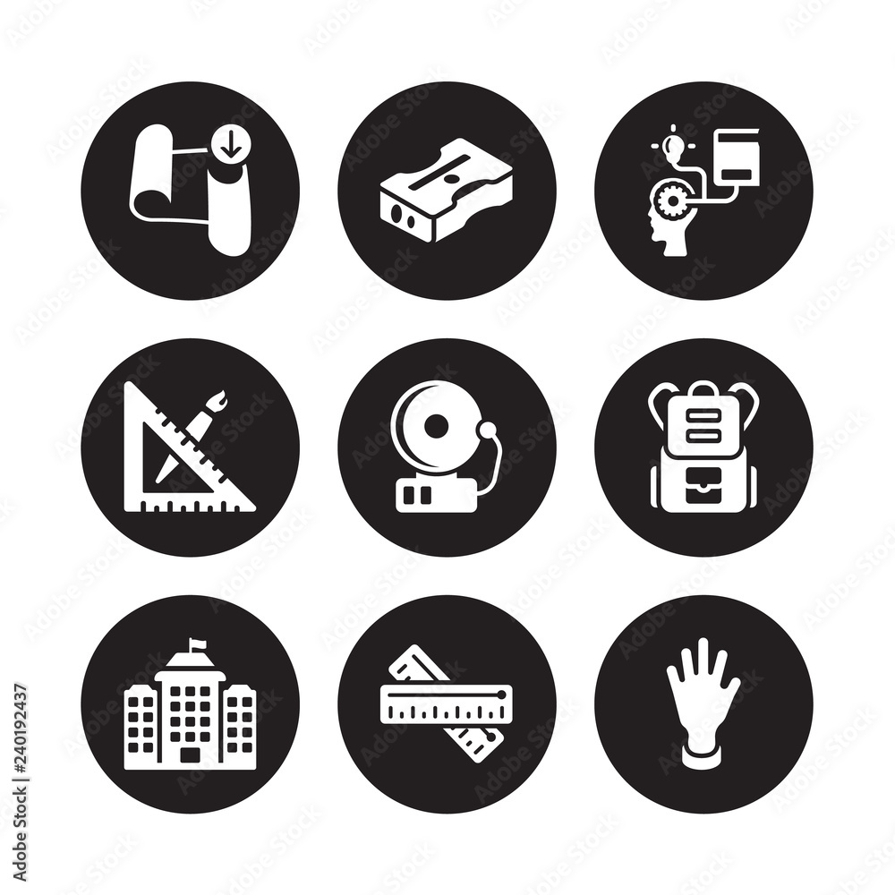 9 vector icon set : Sheet, Sharpener, School, School bag, bell, self-learning, material, Ruler isolated on black background 9 vector icon set : Sheet, Sharpener, School, School bag, bell, self-learning, material, Ruler isolated on black background