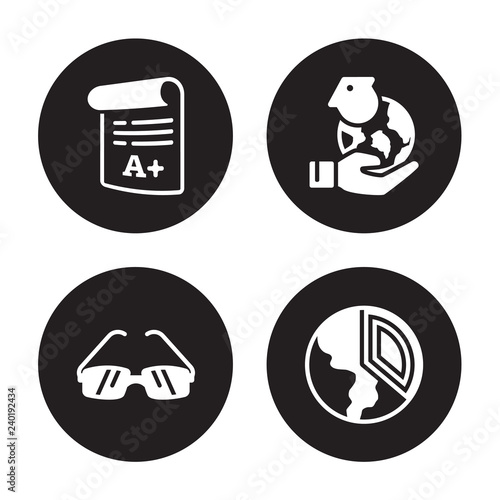 4 vector icon set : Grades, Glasses, Global learning, Geology isolated on black background