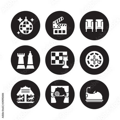9 vector icon set : Club, Clapboard, Carousel, Casino, Chess, Cinema seat, Chess piece, voice acting isolated on black background