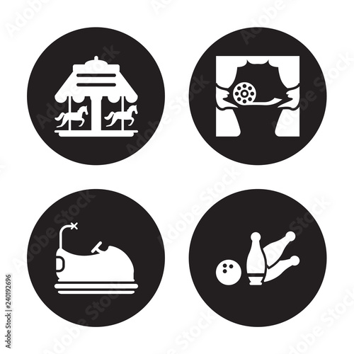 4 vector icon set : Carousel, Bumper car, voice acting, Bowling pins isolated on black background