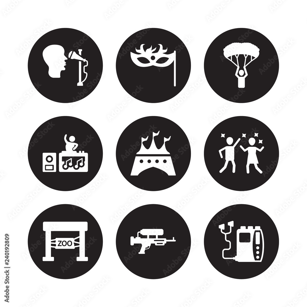 9 vector icon set : Masquerade, paraplane, Water gun, zoo, dance, nightclub, festival, Walkman isolated on black background