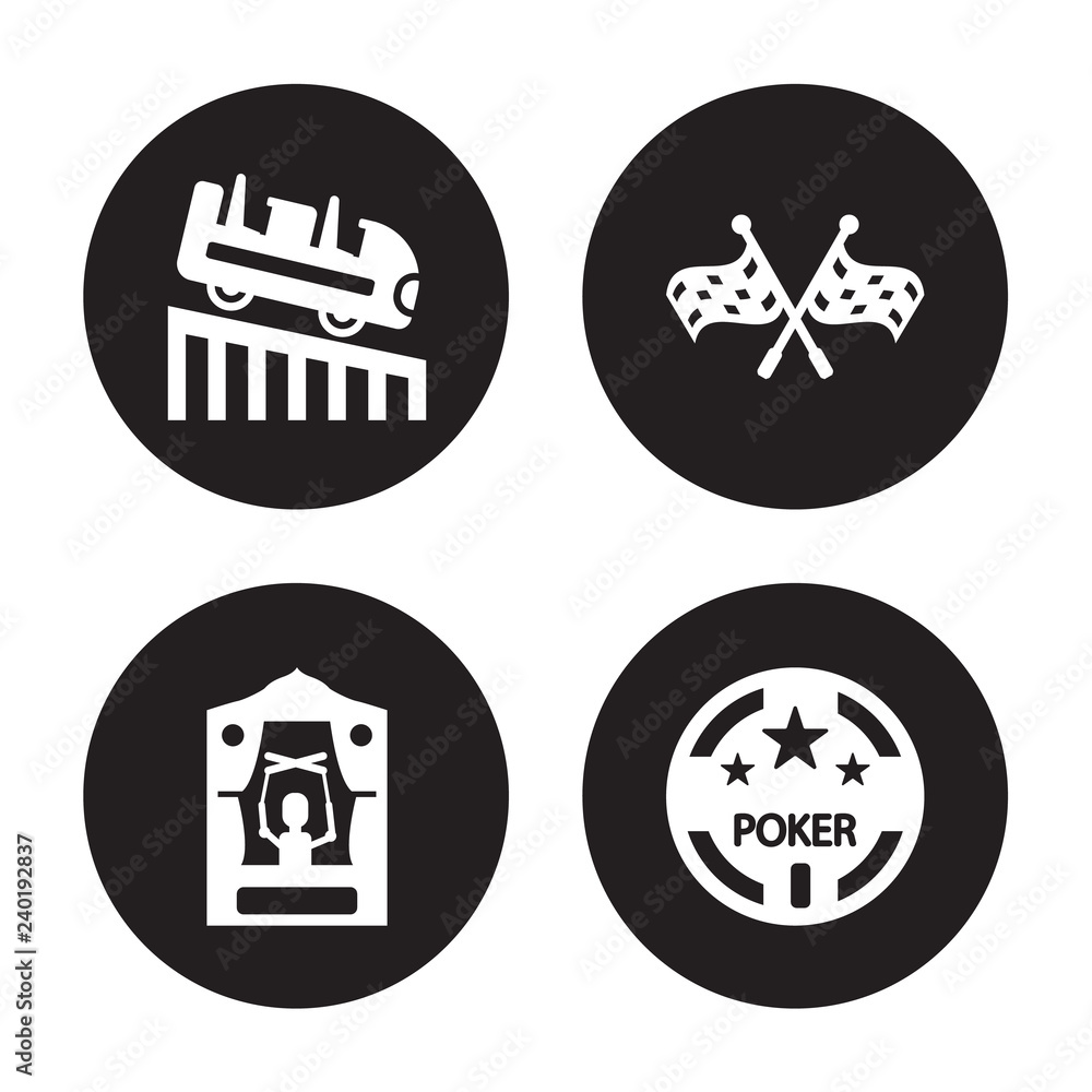 4 vector icon set : Roller coaster, Puppet show, Racing, Poker chip isolated on black background 4 vector icon set : Roller coaster, Puppet show, Racing, Poker chip isolated on black background