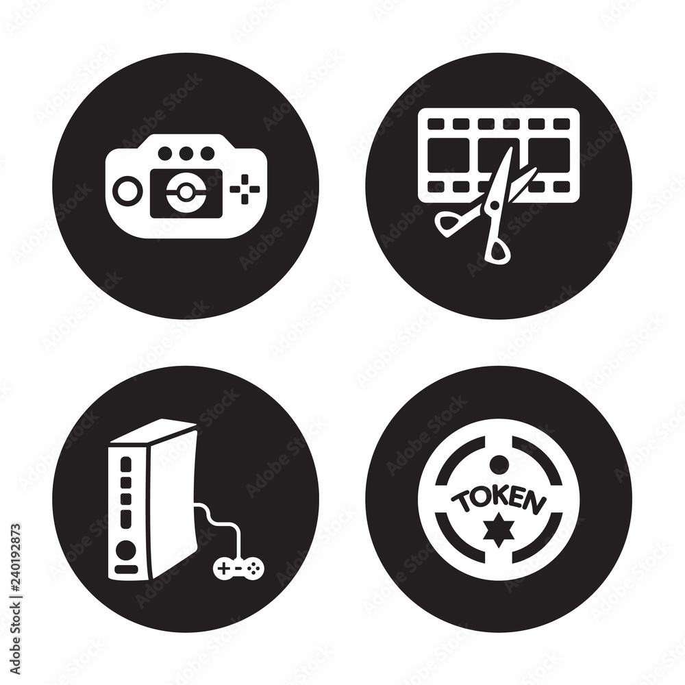 4 vector icon set : Video editing, Token, console, Tic tac toe isolated on black background 4 vector icon set : Video editing, Token, console, Tic tac toe isolated on black background