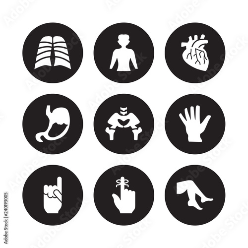 9 vector icon set : Human body with x ray plate focusing on stomach, standing black, Hand gesture raising the index finger, showing palm, Hip Bone isolated black background