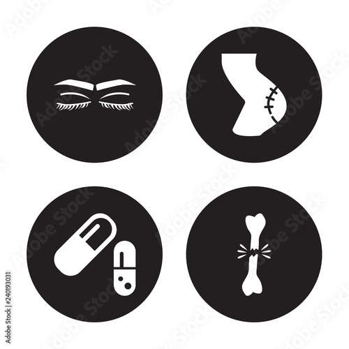 4 vector icon set : Closed eyes with lashes and brows, Capsule black white variant, Cellulite, Broken bone isolated on background