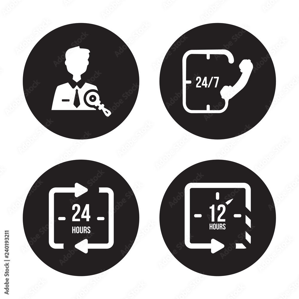 4 vector icon set : Administrator, 24 hours, 24/7, 12 hours isolated on black background 4 vector icon set : Administrator, 24 hours, 24/7, 12 hours isolated on black background