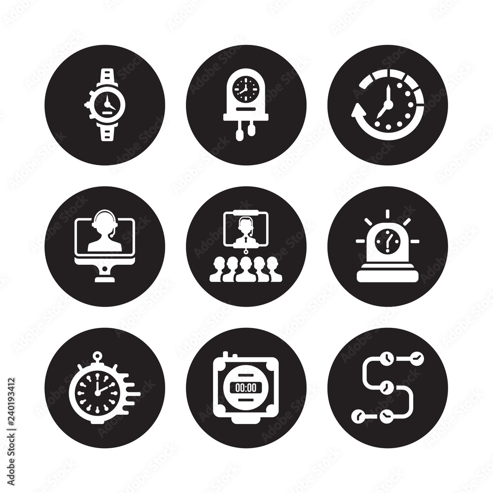9 vector icon set : Watch, Wall clock, Timing, Urgent, Video conference, Waiting, Videocall, Timer isolated on black background 9 vector icon set : Watch, Wall clock, Timing, Urgent, Video conference, Waiting, Videocall, Timer isolated on black background