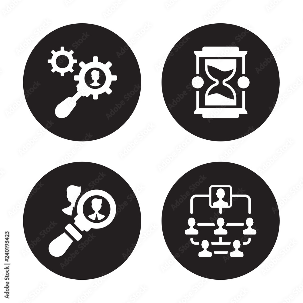 4 vector icon set : Human resources, Hiring, Hourglass, Hierarchical structure isolated on black background 4 vector icon set : Human resources, Hiring, Hourglass, Hierarchical structure isolated on black background