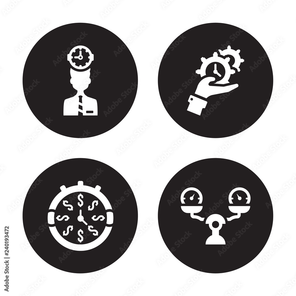 4 vector icon set : Time mind, is money, management, time Balance isolated on black background 4 vector icon set : Time mind, is money, management, time Balance isolated on black background