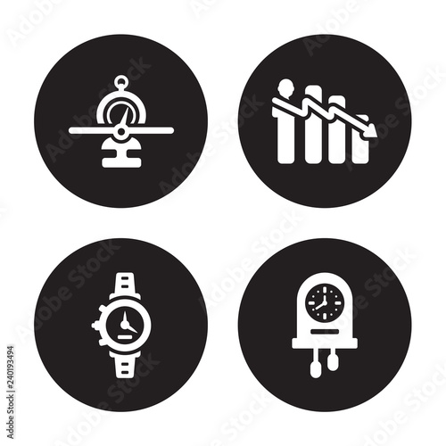 4 vector icon set : Balanced scorecard, Watch, Attrition, Wall clock isolated on black background