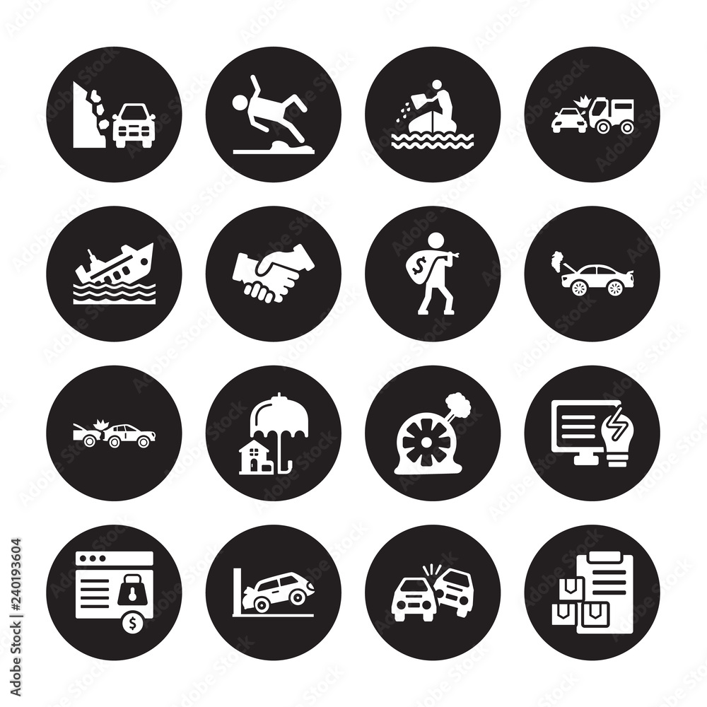 16 vector icon set : Stone on the road, Overturned car, Parking crash, Payment protection, Problem electric, Moving insurance, Ship Rear end collision, Robbery isolated black background 16 vector icon set : Stone on the road, Overturned car, Parking crash, Payment protection, Problem electric, Moving insurance, Ship Rear end collision, Robbery isolated black background