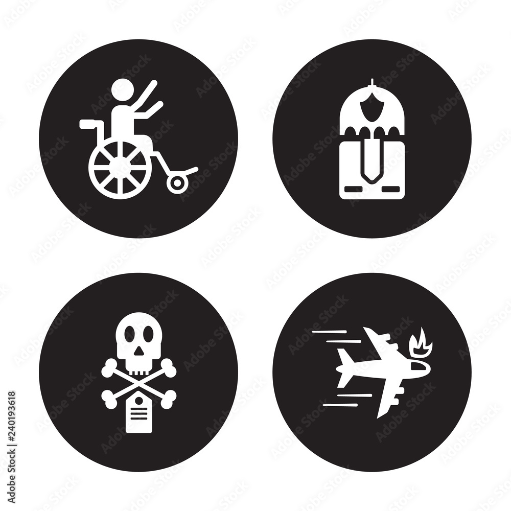 4 vector icon set : Disabled, Death, Delivery insurance, Crash isolated on black background 4 vector icon set : Disabled, Death, Delivery insurance, Crash isolated on black background