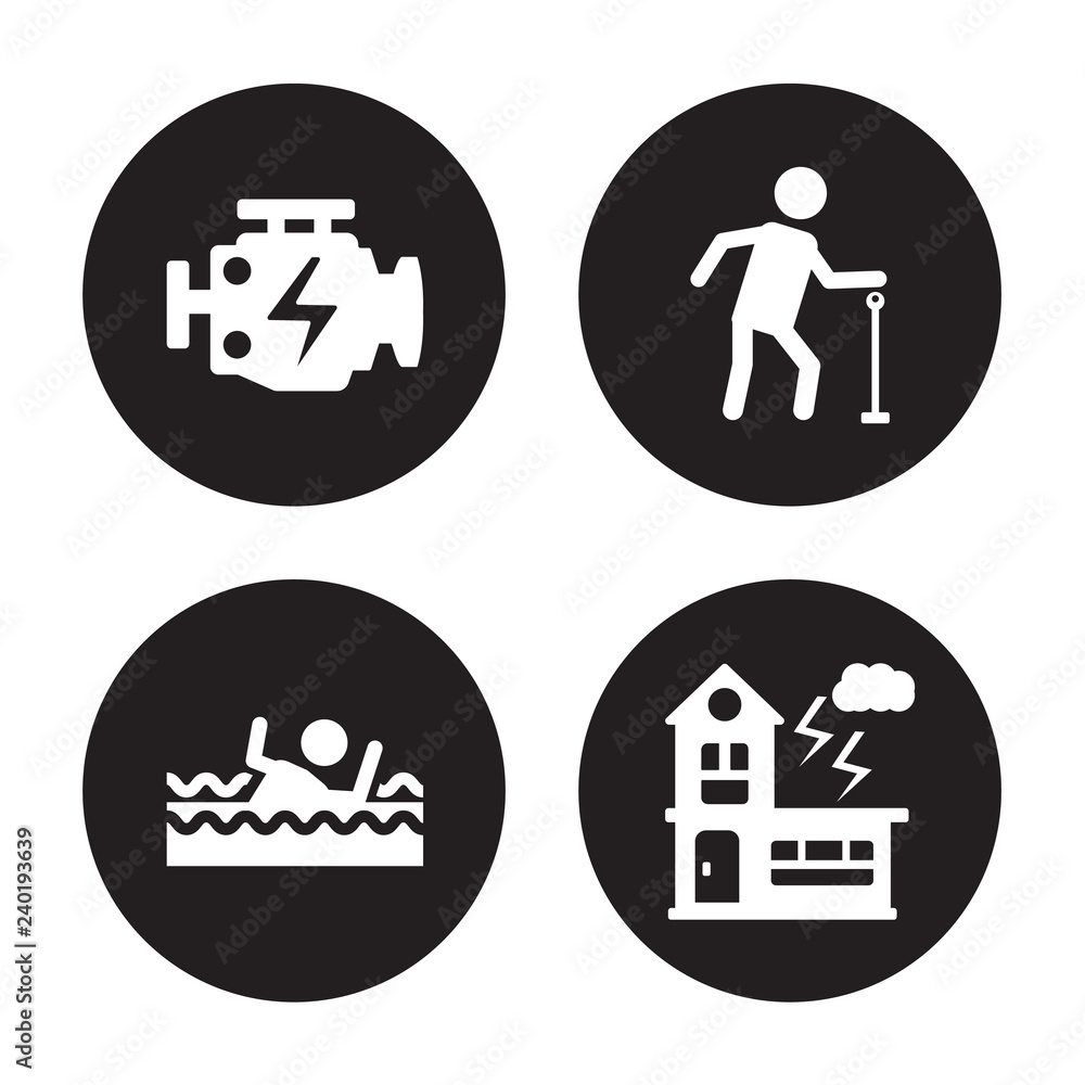 4 vector icon set : Engine problems, Drown, Elderly, Disaster isolated on black background