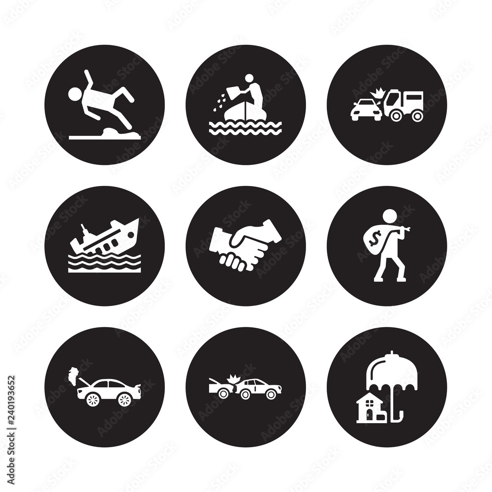 9 vector icon set : Slippery road, Sinking, Repair, Robbery, Shake hands, Side crash, Ship insurance, Rear end collision isolated on black background
