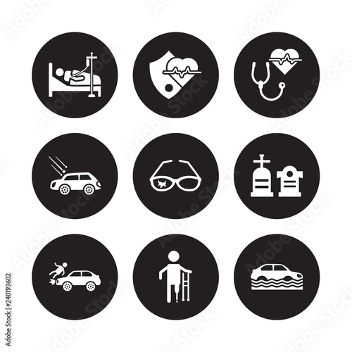 9 vector icon set : Hospitalization, Heart insurance, Frontal crash, Funeral, Glasses Health Hail on the car, Fracture isolated black background