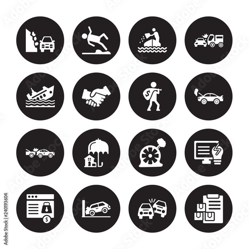 Free Download 16 vector icon set : Stone on the road, Overturned car, Parking crash, Payment protection, Problem electric, Moving insurance, Ship Rear end collision, Robbery isolated black background - GFXLoad