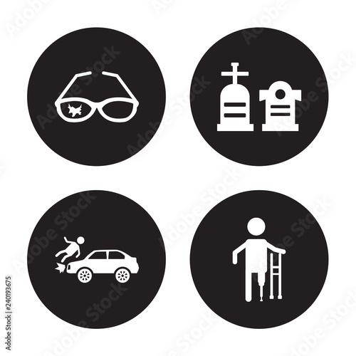 4 vector icon set : Glasses insurance, Frontal crash, Funeral, Fracture isolated on black background
