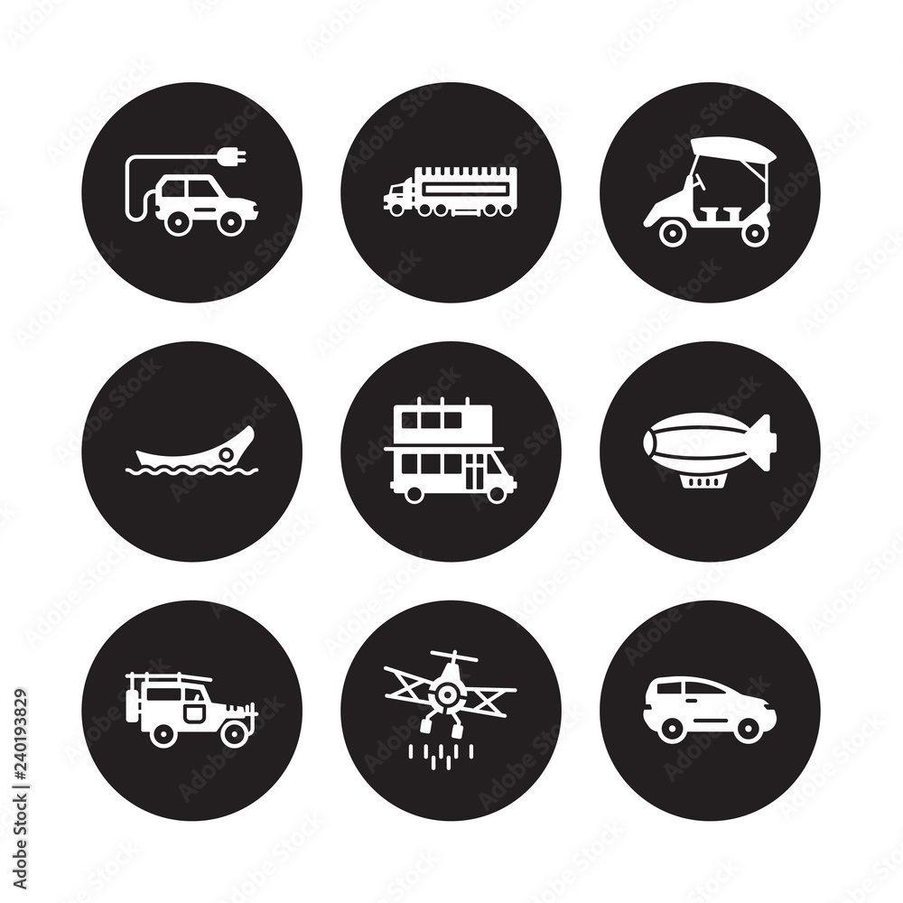 9 vector icon set : Electric car, eighteen-wheeler, Cruiser, dirigible, Double decker bus, eco-friendly transport, dugout canoe, crop duster isolated on black background 9 vector icon set : Electric car, eighteen-wheeler, Cruiser, dirigible, Double decker bus, eco-friendly transport, dugout canoe, crop duster isolated on black background