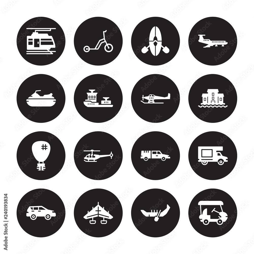 16 vector icon set : light rail, gondola, hang glider, hatchback, haul, Golf cart, Jet ski, Hot air balloon, hydroplane isolated on black background
