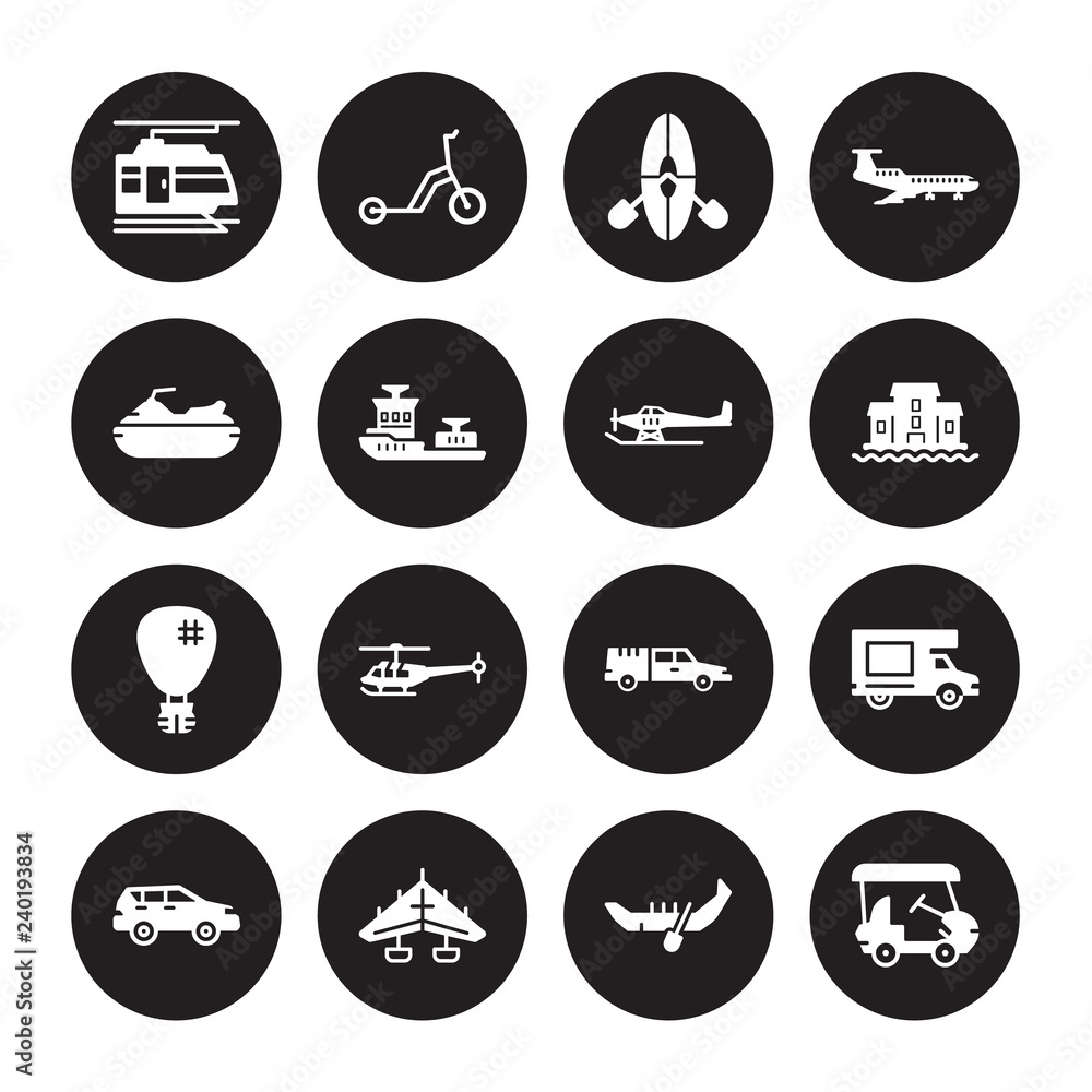16 vector icon set : light rail, gondola, hang glider, hatchback, haul, Golf cart, Jet ski, Hot air balloon, hydroplane isolated on black background 16 vector icon set : light rail, gondola, hang glider, hatchback, haul, Golf cart, Jet ski, Hot air balloon, hydroplane isolated on black background