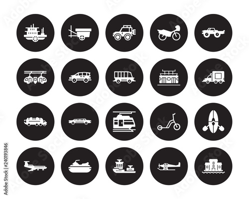 20 vector icon set : paddlewheeler, hydroplane, icebreaker ship, Jet ski, jetliner, Monster truck, Metro, light rail, litter car, minivan, Off road isolated on black background