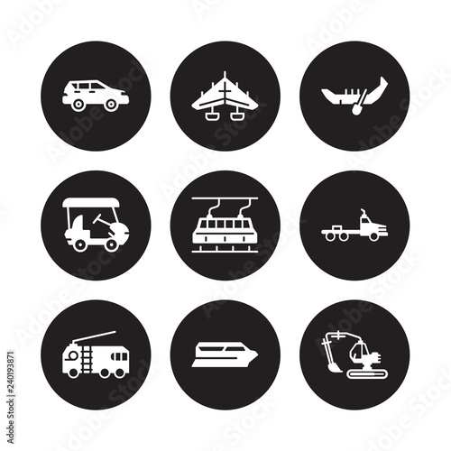 9 vector icon set : hatchback, hang glider, Fire truck, flatbed lorry, funicular railway, gondola, Golf cart, Ferry boat isolated on black background