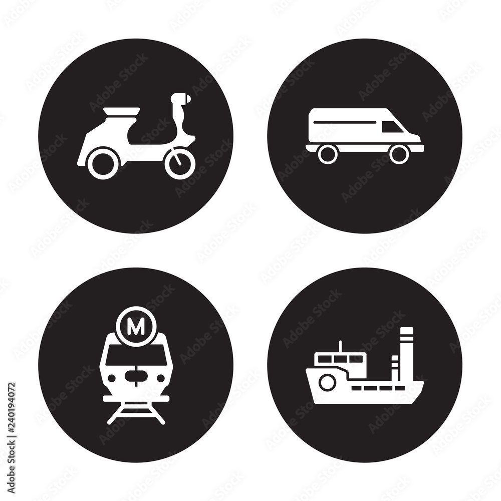 4 vector icon set : Vespa, Underground, Van, tugboat isolated on black background 4 vector icon set : Vespa, Underground, Van, tugboat isolated on black background