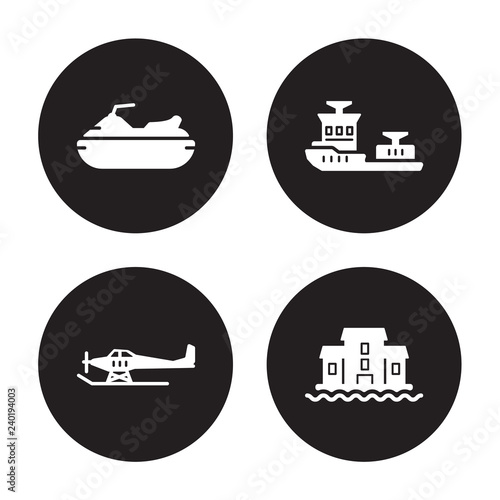 4 vector icon set : Jet ski, hydroplane, icebreaker ship, houseboat isolated on black background