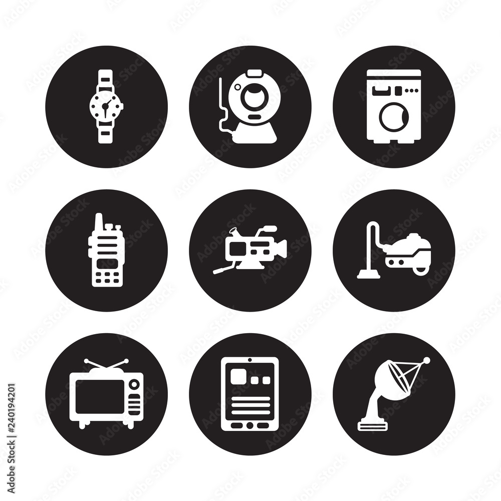 9 vector icon set : Wristwatch, Webcam, Television, Vacuum cleaner, Video camera, Washing machine, Walkie talkie, Tablet isolated on black background 9 vector icon set : Wristwatch, Webcam, Television, Vacuum cleaner, Video camera, Washing machine, Walkie talkie, Tablet isolated on black background