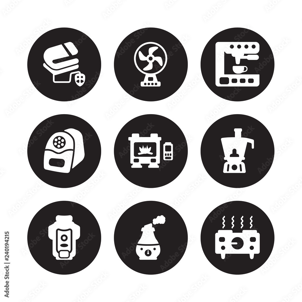 9 vector icon set : electric blanket, fan, garbage disposal, food processor, furnace, espresso maker, pencil sharpener, humidifier isolated on black background 9 vector icon set : electric blanket, fan, garbage disposal, food processor, furnace, espresso maker, pencil sharpener, humidifier isolated on black background