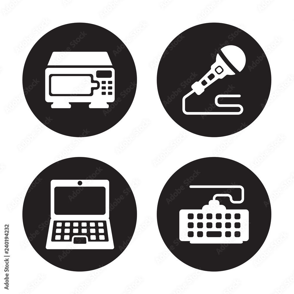 4 vector icon set : Microwave, Laptop, Microphone, Keyboard isolated on black background 4 vector icon set : Microwave, Laptop, Microphone, Keyboard isolated on black background
