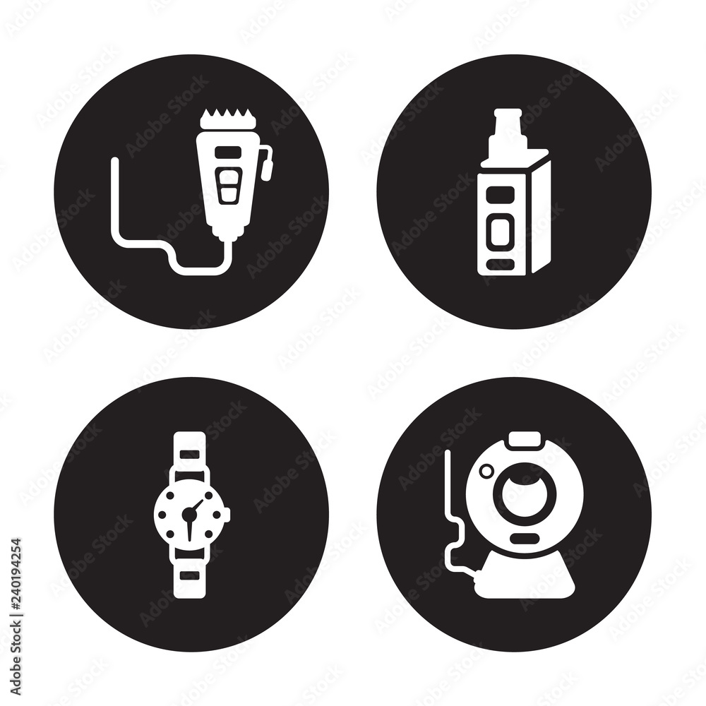 4 vector icon set : trimmer, Wristwatch, vaporizer, Webcam isolated on black background 4 vector icon set : trimmer, Wristwatch, vaporizer, Webcam isolated on black background