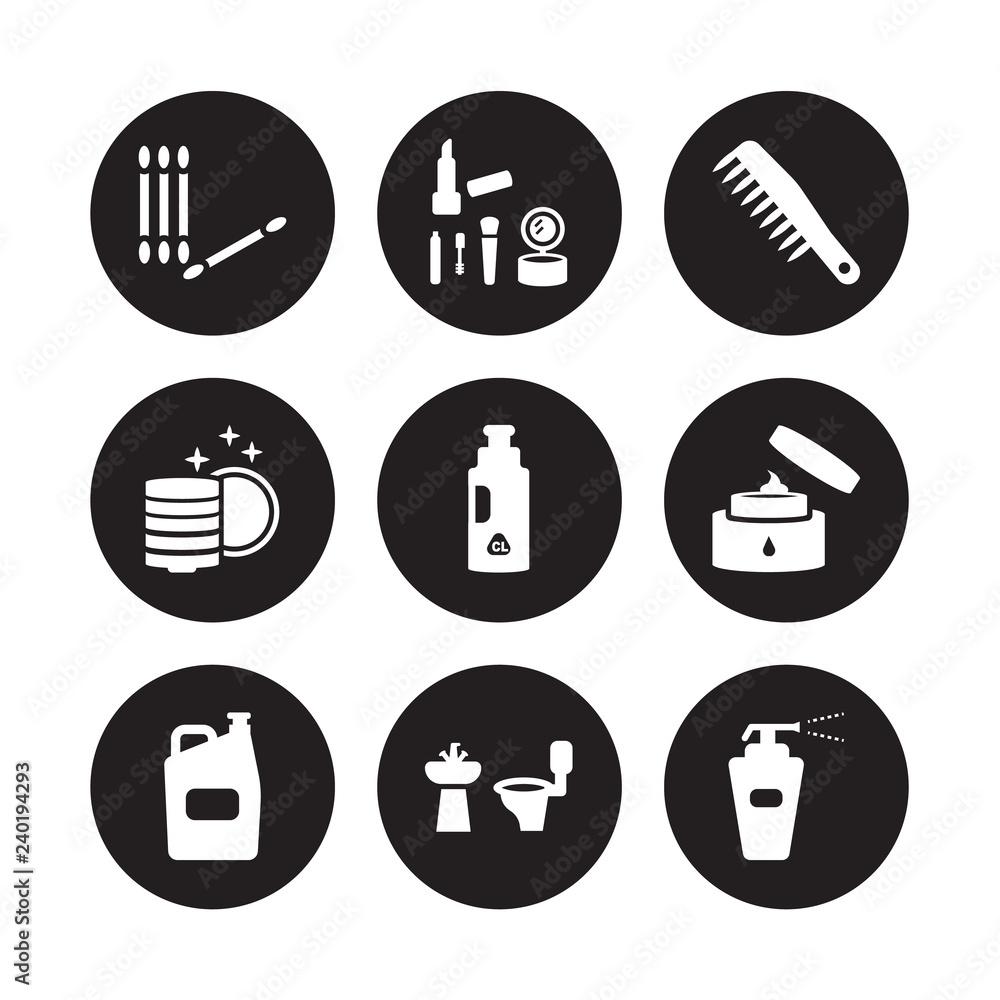 9 vector icon set : Cotton swab, Cosmetics, Bleach, body Cream, Chlorine, Comb, Clean dishes, Bathroom isolated on black background 9 vector icon set : Cotton swab, Cosmetics, Bleach, body Cream, Chlorine, Comb, Clean dishes, Bathroom isolated on black background