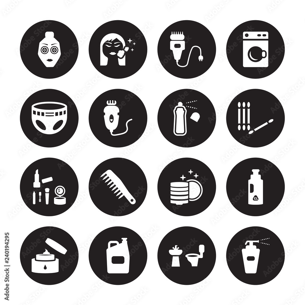 16 vector icon set : Face mask, Bathroom, Bleach, body Cream, Chlorine, Antiseptic, Diaper, Cosmetics, Deodorant isolated on black background