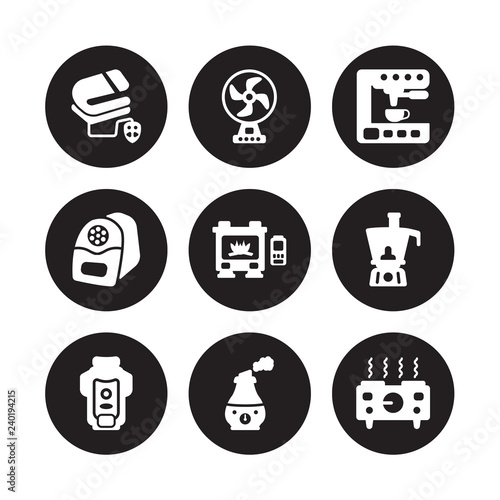 9 vector icon set : electric blanket, fan, garbage disposal, food processor, furnace, espresso maker, pencil sharpener, humidifier isolated on black background