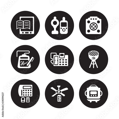 9 vector icon set : book reader, baby monitor, burglar alarm, BBQ grill, answering machine, asic miner, electronic, ceiling fan isolated on black background