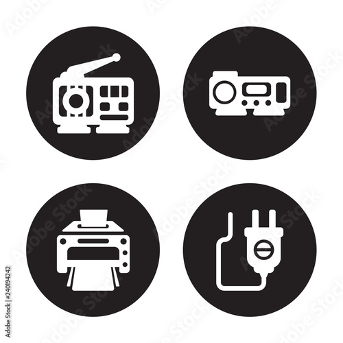 4 vector icon set : Radio, Printer, Projector, Plug isolated on black background Free Download 4 vector icon set : Radio, Printer, Projector, Plug isolated on black background - GFXLoad
