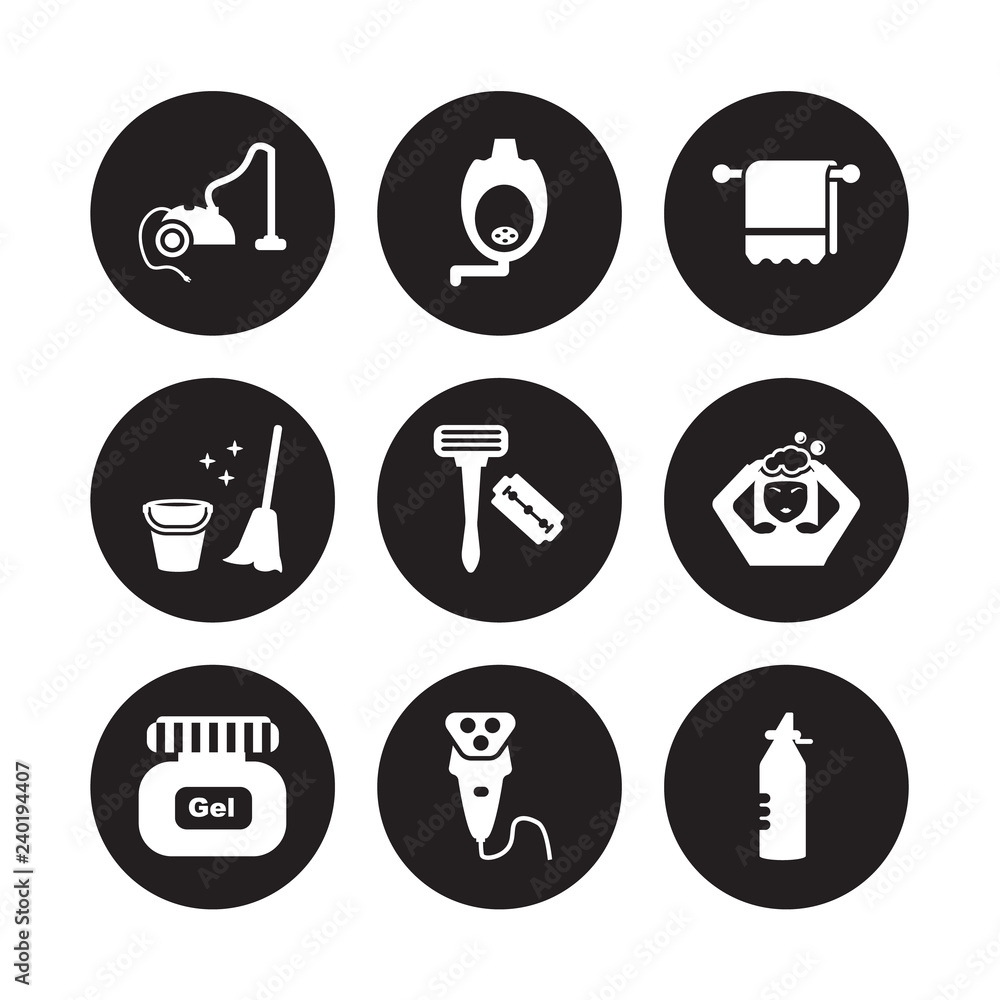 9 vector icon set : Vacuum, Urinal, Gel, Hair washing, Razor, Towel, Sanitary, Electric shaver isolated on black background 9 vector icon set : Vacuum, Urinal, Gel, Hair washing, Razor, Towel, Sanitary, Electric shaver isolated on black background