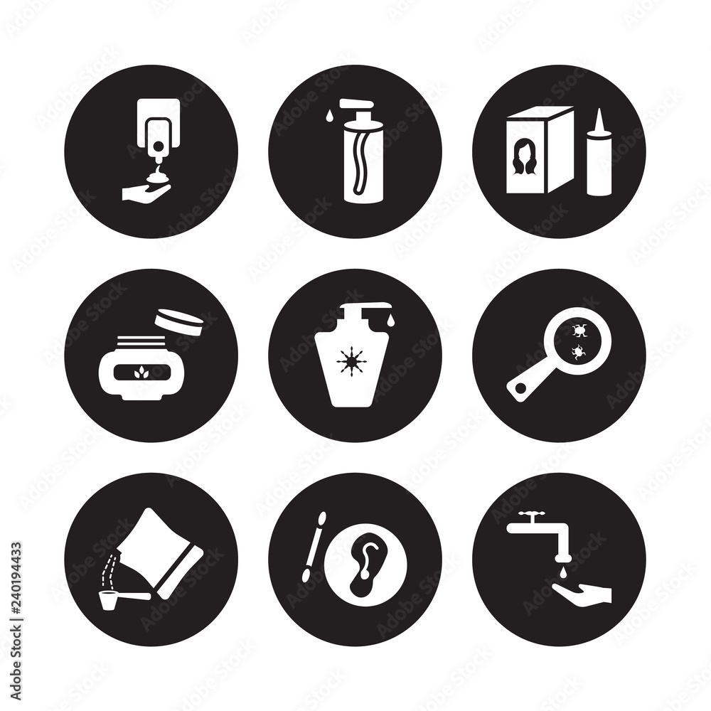 9 vector icon set : soap dispenser, pump bottle, Detergent dose, parasite, lotion, hair tonic, face cream, varnish isolated on black background 9 vector icon set : soap dispenser, pump bottle, Detergent dose, parasite, lotion, hair tonic, face cream, varnish isolated on black background